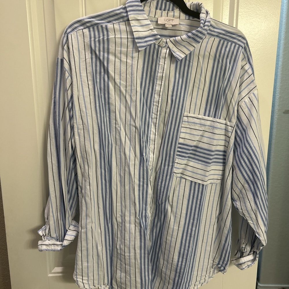 LOFT Women's Blue and White Striped Button Down Shirt
